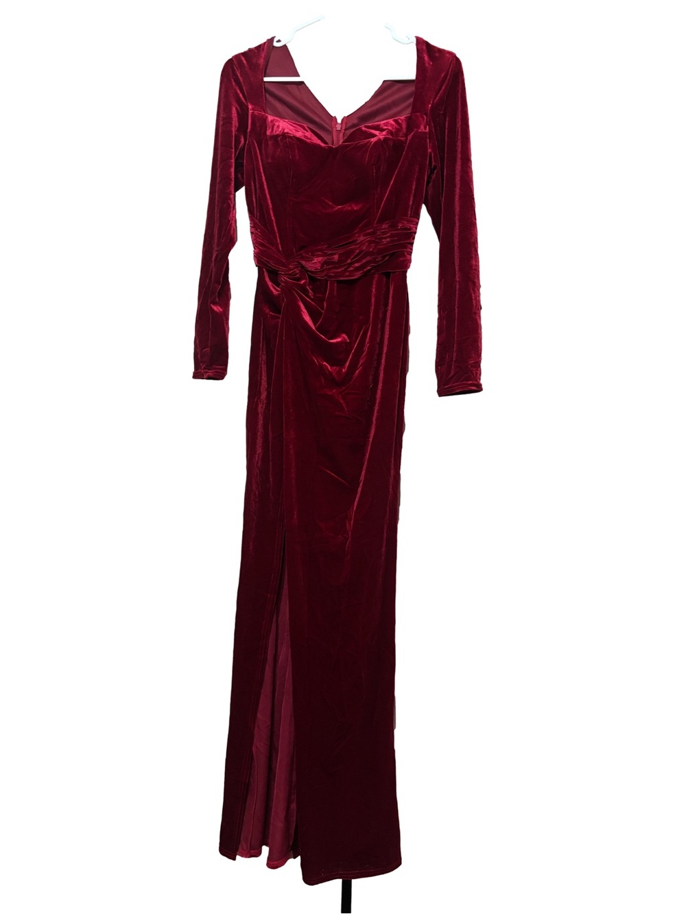 Long-Sleeve Velvet Evening Gown in Deep Burgundy
